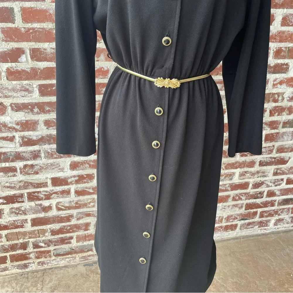 Vintage 70s 80s Black Button Down Long Sleeve Dress - Picture 3 of 6